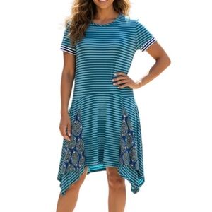Matilda Jane Walkabout Floral Striped Asymmetrical Knee Length Dress Small Teal
